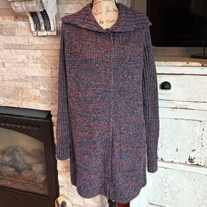 Prana Yunna long sleeve long long zip close two pocket cardigan navy and orange